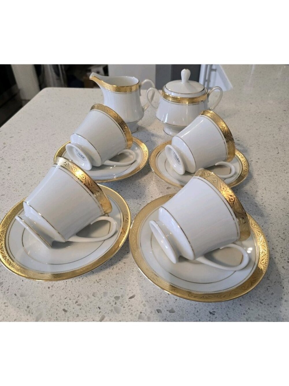 Noritake Majestic Gold Encrusted Footed Tea Cups & Saucers Creamer Sugar BowlSet